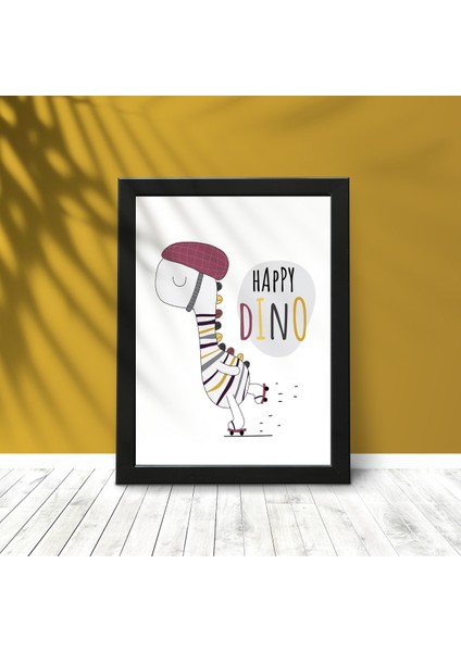 Happy Dino Çocuk ve Bebek Odası Duvar Posteri Siyah Çerçeveli 15CM x 21CM Dekoratif Tablo Poster