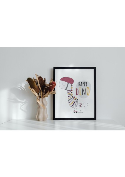 Happy Dino Çocuk ve Bebek Odası Duvar Posteri Siyah Çerçeveli 15CM x 21CM Dekoratif Tablo Poster