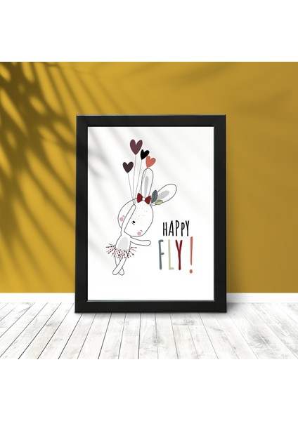 Tavşan "happy Fly" Çocuk ve Bebek Odası Posteri Siyah Çerçeveli 15CM x 21CM Dekoratif Tablo Poster