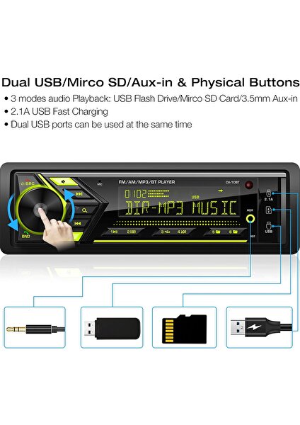 Bluetooth Araç Stereosu Deniz Radyosu: Tek Din LCD Ekran Ses - Fm/am Radyolu Multimedya Mp3 Çalar | Çift Usb/sd Kart/aux Girişi | 2,1A Hızlı Şarj | Uygulama Kontrolü | Ir Uzaktan K (Yurt Dışından)