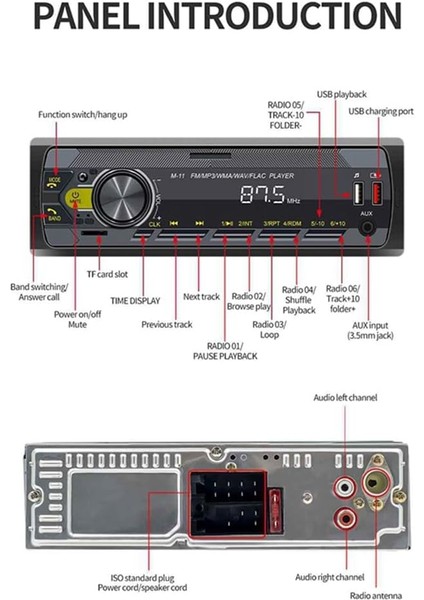 Evrensel Araba Stereo Tek Gürültü Araba Radyo Bluetooth USB Aux Dash Kafa Ünitesinde Fm Radyo Medya Alıcısı Araba Mp3 Çalar Dayanıklı Kullanımı Kolay Siyah (Yurt Dışından)
