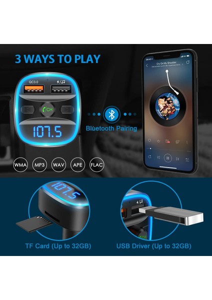 (Yükseltilmiş Yeni Sürüm) Araba Için V5.0 Bluetooth Fm Verici, 7 Rgb Renkli LED Arkadan Aydınlatmalı Radyo Verici, Qc3.0 Çift USB Bağlantı Noktası Adaptör Araç Kiti, Tf Kartı Deste (Yurt Dışından) fiyatları