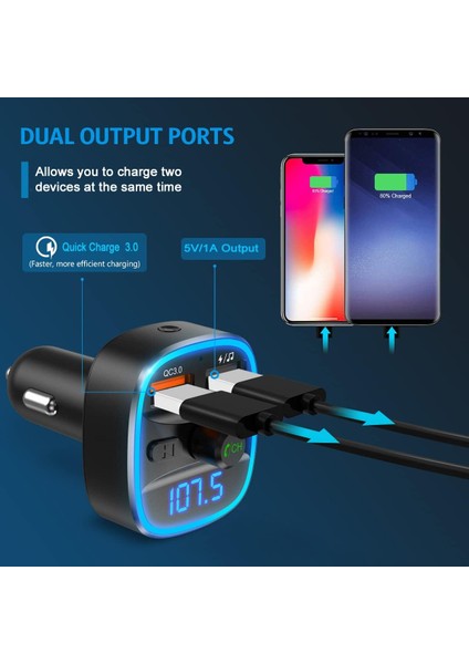(Yükseltilmiş Yeni Sürüm) Araba Için V5.0 Bluetooth Fm Verici, 7 Rgb Renkli LED Arkadan Aydınlatmalı Radyo Verici, Qc3.0 Çift USB Bağlantı Noktası Adaptör Araç Kiti, Tf Kartı Deste (Yurt Dışından) fırsatları