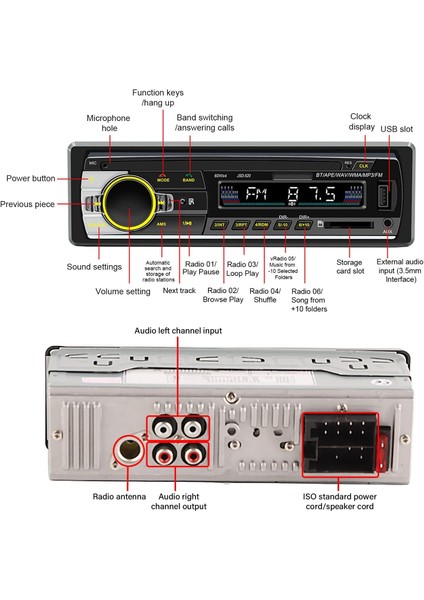 Araç Stereo, Bluetooth Araç Ses Alıcıları Fm Radyo, LED Ekran Çift Bağlantı Handsfree Usb2.0 Araç Ses Sistemi, Araç Mp3 Çalar Desteği Telefon Sesli Asistan, Aux Girişi (Yurt Dışından)