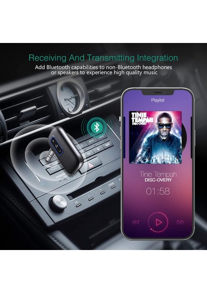 Araba Için Aux Bluetooth 5.0 Adaptörü, Çift Bağlantılı Eller Serbest Bluetooth Aux Alıcısı, Gürültü Engelleme, C Tipi Şarj Bağlantı Noktası, Arabalar Için, Hoparlörler, Stereo Sist (Yurt Dışından)