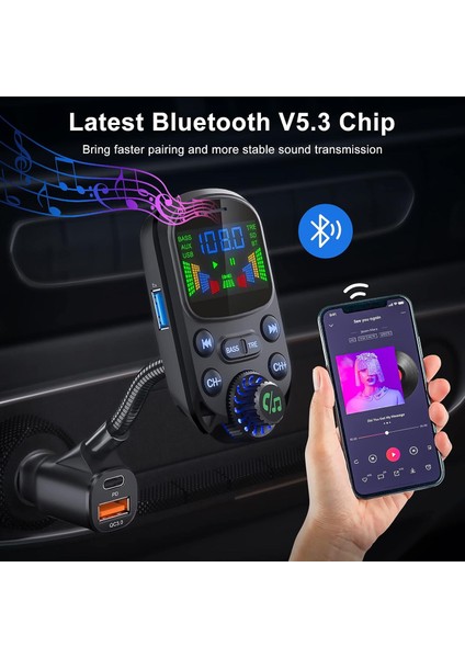 Araç Için Bluetooth 5.3 Fm Verici - Bluetooth Araç Adaptörü PD30W ve USB Bağlantı Noktası Hızlı Şarj - Hifi Tiz ve Bas Çalar - 1,6" Ekran Eller Serbest Arama - Aux Girişi/çıkışı Il (Yurt Dışından)