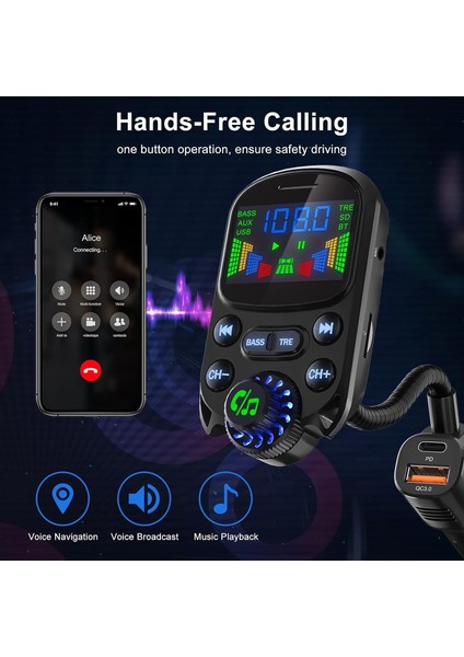 Araç Için Bluetooth 5.3 Fm Verici - Bluetooth Araç Adaptörü PD30W ve USB Bağlantı Noktası Hızlı Şarj - Hifi Tiz ve Bas Çalar - 1,6" Ekran Eller Serbest Arama - Aux Girişi/çıkışı Il (Yurt Dışından)