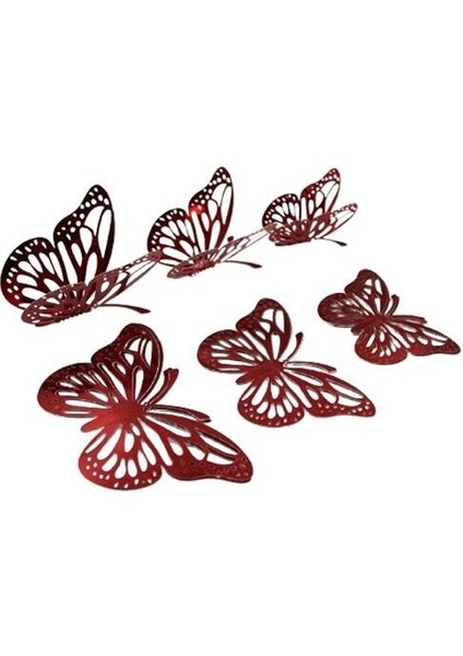 Dekoratif Kağıt Kelebek Balon Süsü Hologramlı Kırmızı 3D 12 Adet