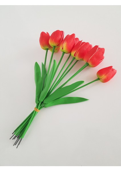 Yapay Islak Lale Kırmızı 10 'lu (Yeşil ve Sarı Desen )