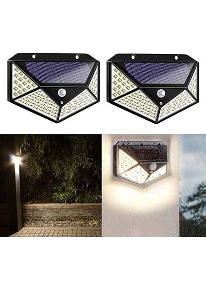 2 Adet 100 LED Solar 3 Mod Hareket Sensörlü Duvar Bahçe Lambası