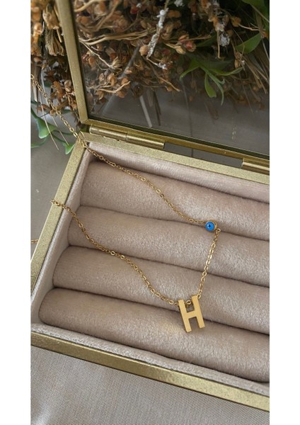 Çelik H Harfli Minimal Nazar Boncuklu Kısa Harf Kolye