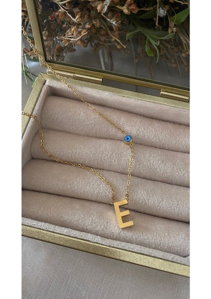 Çelik E Harfli Minimal Nazar Boncuklu Çelik Kısa Harf Kolye