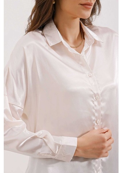 3985 Oversize Saten Gömlek - Bej