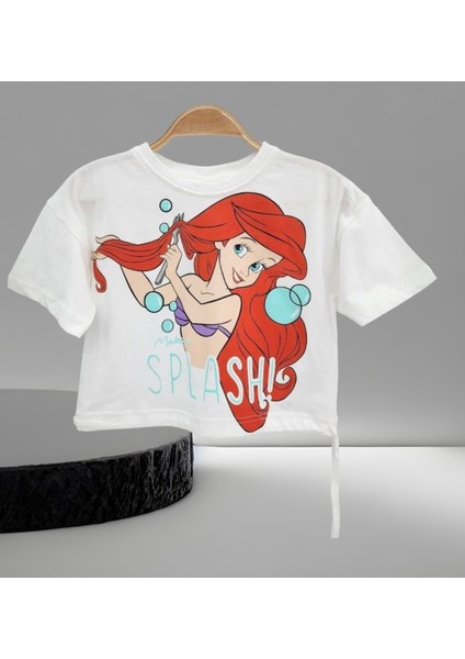 Yeni Sezon Kız Çocuk Bel Büzgü Ayarlı Deniz Kızı Baskılı T-Shirt Kısa Kol