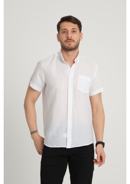 Erkek Regular Fit Cepli Klasik Düğmeli Yaka Kısa Kollu %100 Keten Gömlek 2518