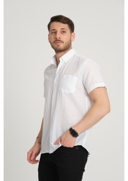 Erkek Regular Fit Cepli Klasik Düğmeli Yaka Kısa Kollu %100 Keten Gömlek 2518 fiyatları