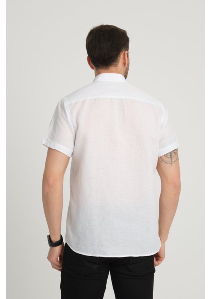 Erkek Regular Fit Cepli Klasik Düğmeli Yaka Kısa Kollu %100 Keten Gömlek 2518 modelleri