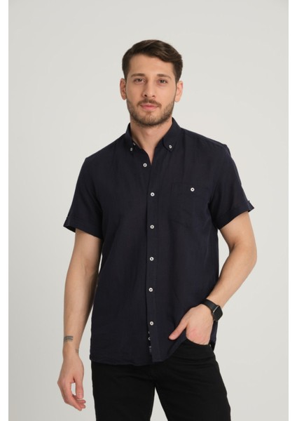 Erkek Regular Fit Cepli Klasik Düğmeli Yaka Kısa Kollu %100 Keten Gömlek 2518