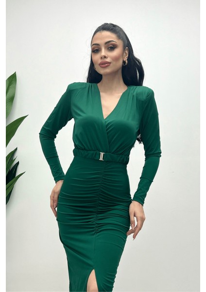 Jarse Kumaş Büzgü Detaylı Kalem Elbise - Zümrüt Yeşil