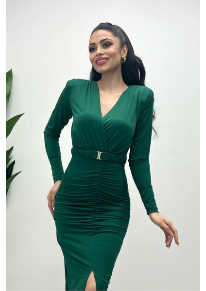 Jarse Kumaş Büzgü Detaylı Kalem Elbise - Zümrüt Yeşil fiyatları