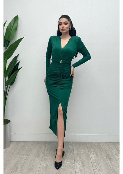 Jarse Kumaş Büzgü Detaylı Kalem Elbise - Zümrüt Yeşil modelleri