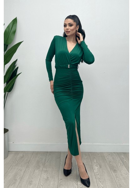 Jarse Kumaş Büzgü Detaylı Kalem Elbise - Zümrüt Yeşil fırsatları