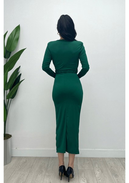 Jarse Kumaş Büzgü Detaylı Kalem Elbise - Zümrüt Yeşil indirimleri
