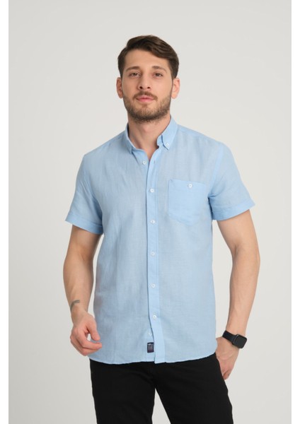 Erkek Regular Fit Cepli Klasik Düğmeli Yaka Kısa Kollu %100 Keten Gömlek 2518