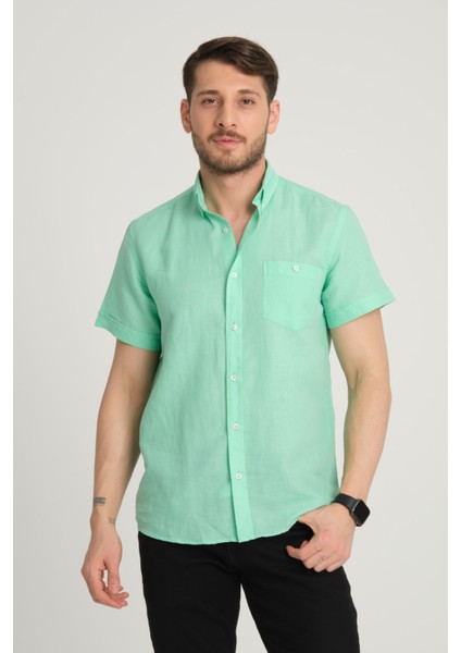 Erkek Regular Fit Cepli Klasik Düğmeli Yaka Kısa Kollu %100 Keten Gömlek 2518
