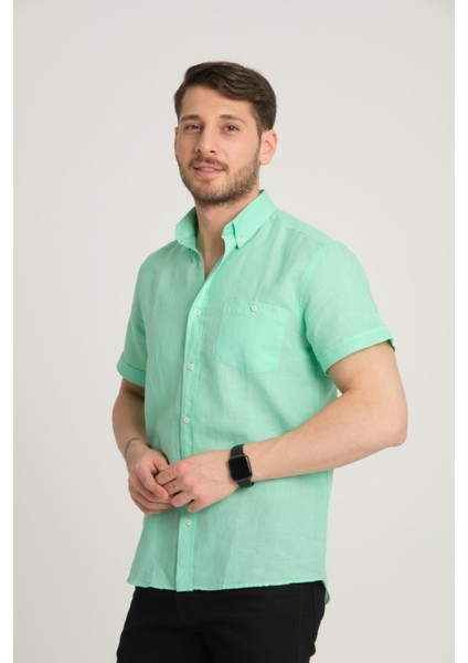 Erkek Regular Fit Cepli Klasik Düğmeli Yaka Kısa Kollu %100 Keten Gömlek 2518 fiyatları