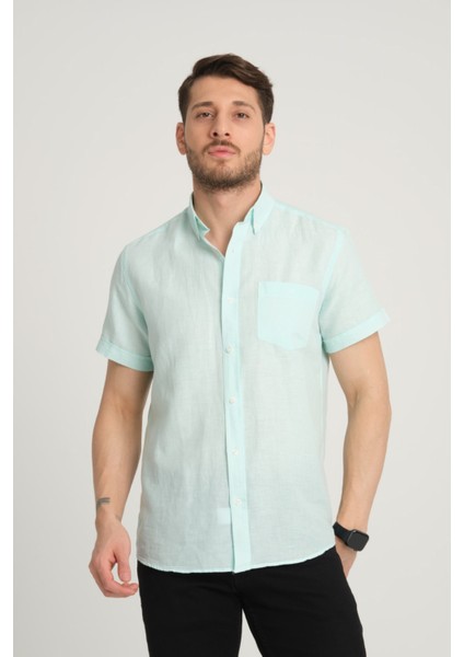Erkek Regular Fit Cepli Klasik Düğmeli Yaka Kısa Kollu %100 Keten Gömlek 2518