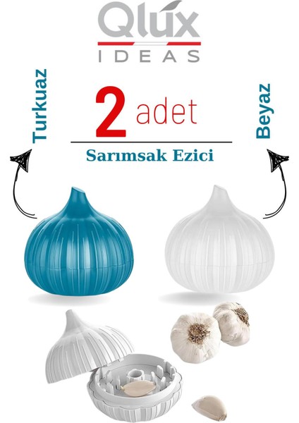 Qlux Ideas Sarımsak Ezici Set Sarımsak Görünümlü Dizayn Turkuaz ve Beyaz 2 Li Set