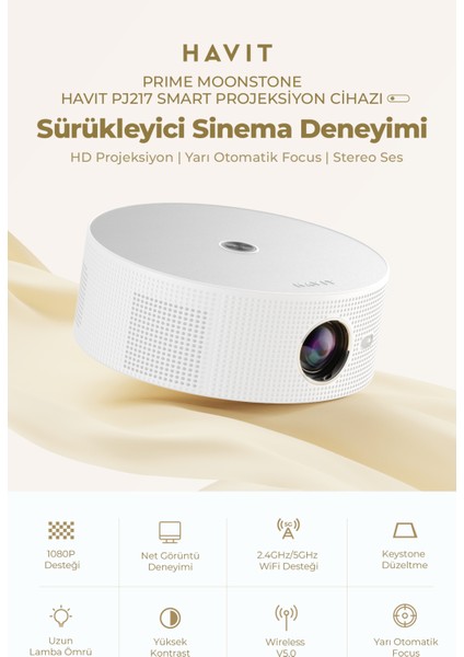 PJ217 Prime Moonstone Hd Projeksiyon 1080P Desteği, Wifi, Bluetooth, Ekran Yansıtma Auto Focus