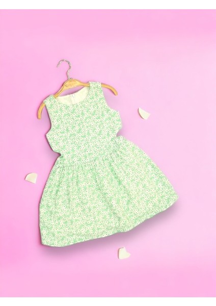 Kız Çocuk Çiçekli Su Yeşili Elbise