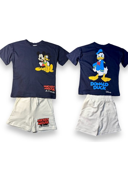 Mickey Baskılı Lacivert Tshirt Ekru Şort 2'Li Takım modelleri