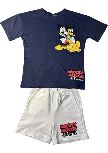Mickey Baskılı Lacivert Tshirt Ekru Şort 2'Li Takım