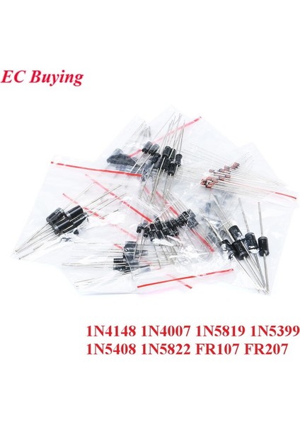 1 Grup 1N4148 1N4007 1N5819 1N5399 1N5408 1N5822 FR107 FR207 Diyot Çeşitli Kiti Elektronik Bileşenler Paketi 8 Değer = 100 Adet (Yurt Dışından)