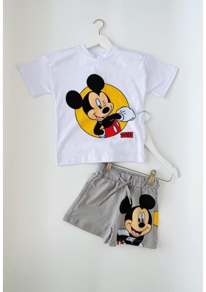 Erkek Çocuk Mickey Baskılı Ekru T-Shirt Şort Takım
