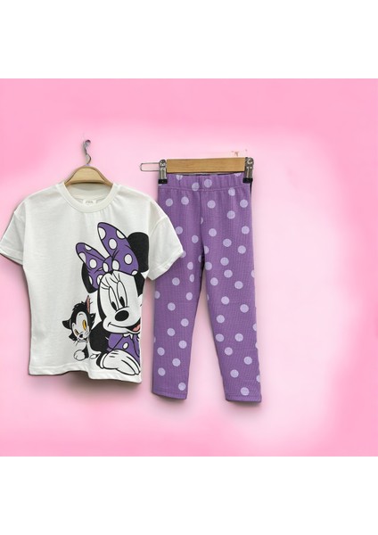 Lolli Boom Kids  Kız Çocuk Kaşkorse Taytlı T-Shirt Takım Mor Puantiye Mickey Baskılı