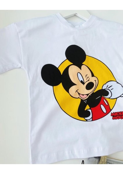 Erkek Çocuk Mickey Baskılı Ekru T-Shirt Şort Takım
