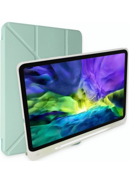 Apple iPad Air 2 A1566 A1567 9.7 Inç Uyumlu Kılıf Y Smart Cover Standlı Uyku Modlu Kalem Yerli Mars Kapak Açık Yeşil