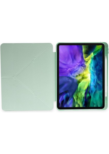 Apple iPad Air 2 A1566 A1567 9.7 Inç Uyumlu Kılıf Y Smart Cover Standlı Uyku Modlu Kalem Yerli Mars Kapak Açık Yeşil