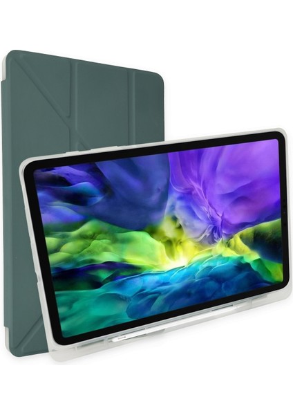 Apple iPad 7. Nesil A2197 A2200 A2198 10.2 Inç Uyumlu Kılıf Y Smart Cover Standlı Uyku Modlu Kalem Yerli Mars Kapak Koyu Yeşil