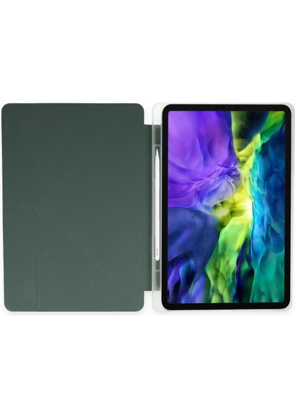 Apple iPad 7. Nesil A2197 A2200 A2198 10.2 Inç Uyumlu Kılıf Y Smart Cover Standlı Uyku Modlu Kalem Yerli Mars Kapak Koyu Yeşil