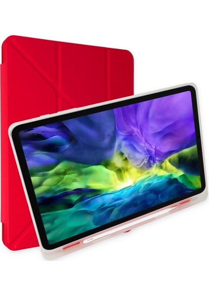 Apple iPad Air 2 A1566 A1567 9.7 Inç Uyumlu Kılıf Y Smart Cover Standlı Uyku Modlu Kalem Yerli Mars Kapak Kırmızı