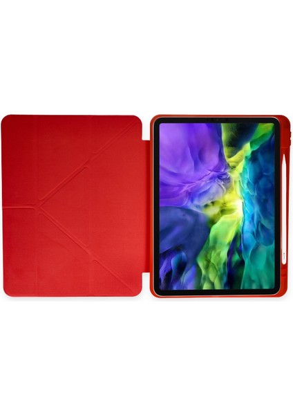 Apple iPad Air 2 A1566 A1567 9.7 Inç Uyumlu Kılıf Y Smart Cover Standlı Uyku Modlu Kalem Yerli Mars Kapak Kırmızı