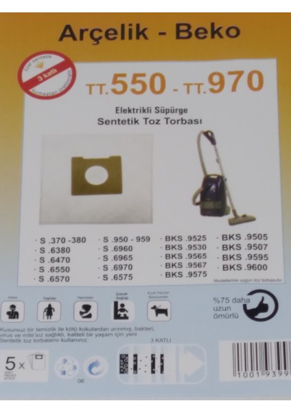 Arçelik TT550 TT970 Mıte Sentetik ( 3 Paket 15 Adet)