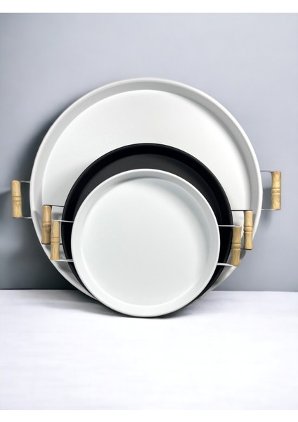 hemlife 3 Lü (51, 37, 30 Cm) Ahşap Kulplu Metal Tepsi Çay Tepsisi Kahve Tepsisi Sunum Tepsi Seti