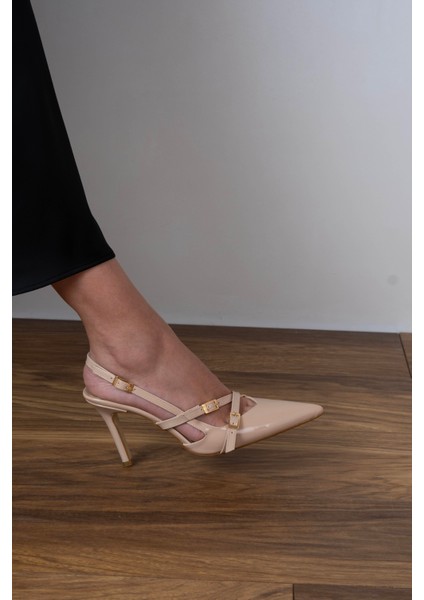 Iki Kemer Detaylı Sivri Burun Topuklu Ayakkabı Ten Rugan