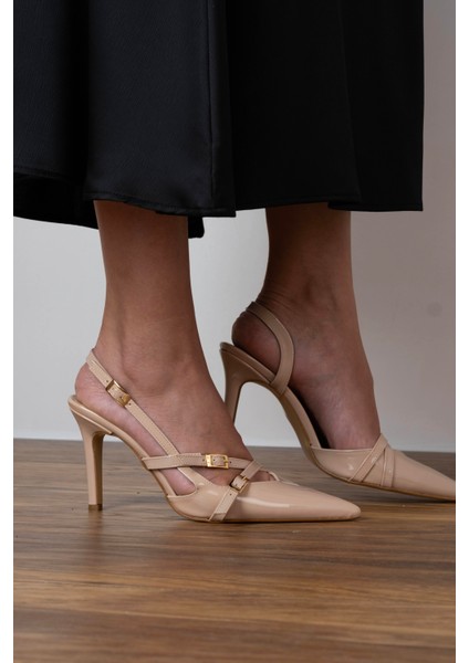 Iki Kemer Detaylı Sivri Burun Topuklu Ayakkabı Ten Rugan modelleri